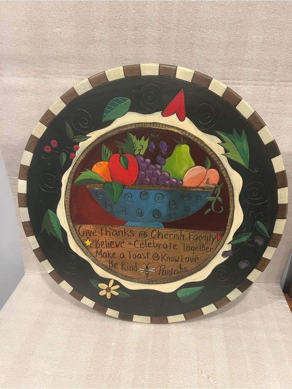 Sticks Hand Painted Wood Burned 20" Lazy Susan Fruit Basket RARE